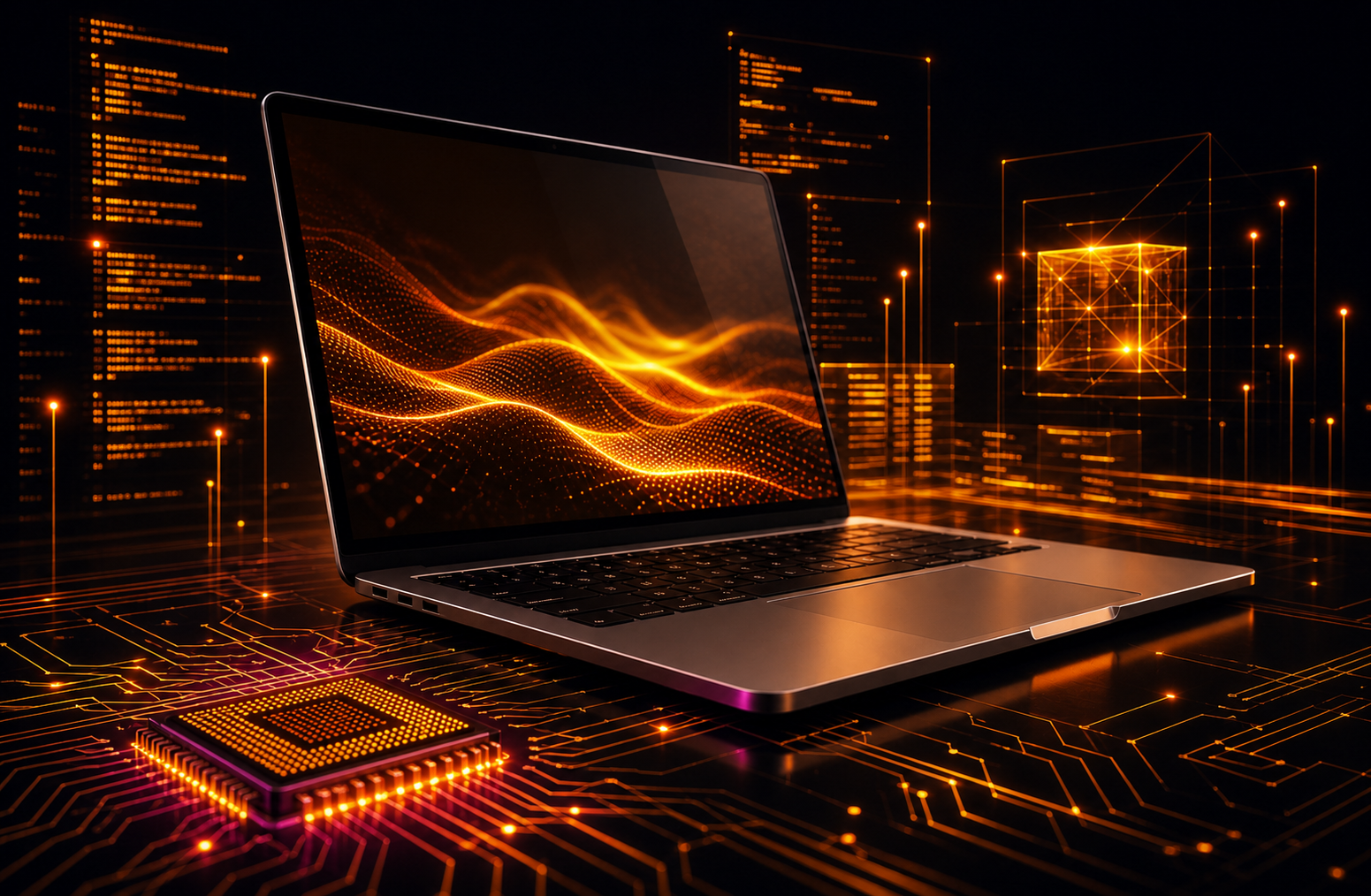 Technology feed with glowing amber laptop and microchip